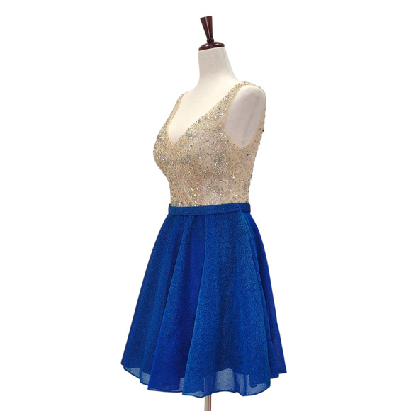 NWT Women's Blue and Gold Short Dress with Beautiful Detailed Gem Bodice - Picture 4 of 8